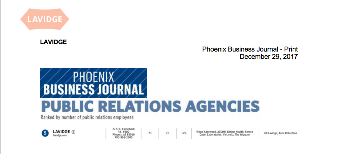 LAVIDGE ranks 5th-largest area public relations agency by Phoenix Business Journal